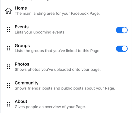 The Settings page where you can rearrange the tabs on your Facebook business page